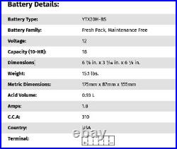 Arctic Cat Yuasa High Performance Maintenance Free Battery YTX20H-BS